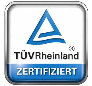 TÜV Rheinland Zertifikatssiegel mit blauem ZERTIFIZIERT Banner