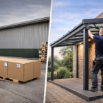 Handwerker montieren Aluminium-Terrassendach neben verpackten Bauteilen