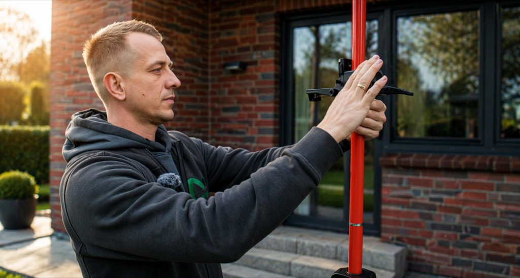 Handwerker richtet Montagepfosten vor Backsteinfassade aus