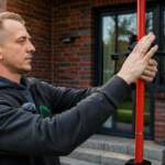 Mann richtet eine rot-schwarze Wasserwaage an einem Fenster aus
