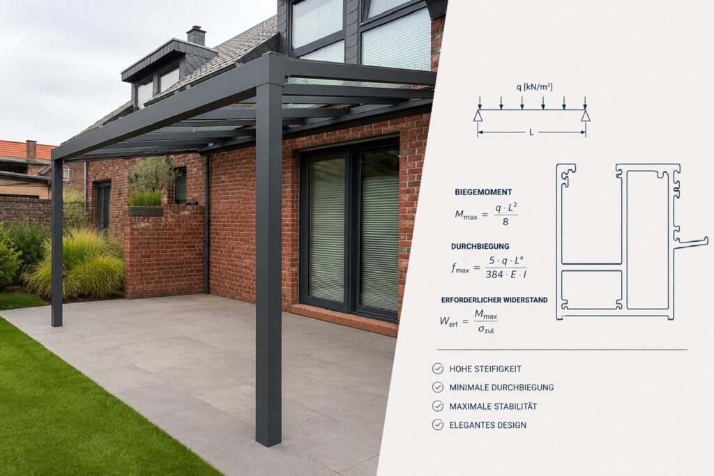 Modernes Aluminium Terrassendach an einem Backsteinhaus mit freistehendem Stützpfosten
