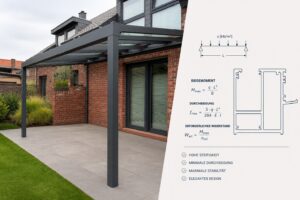 Modernes Aluminium Terrassendach an einem Backsteinhaus mit freistehendem Stützpfosten