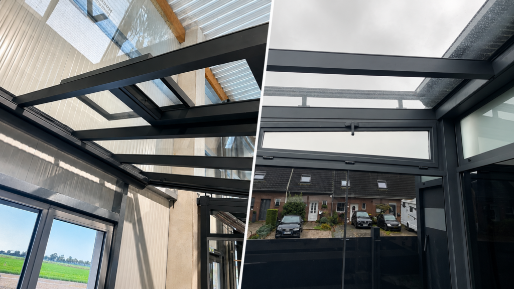 Modernes Aluminium Terrassendach mit Glas und integrierter Entwässerung