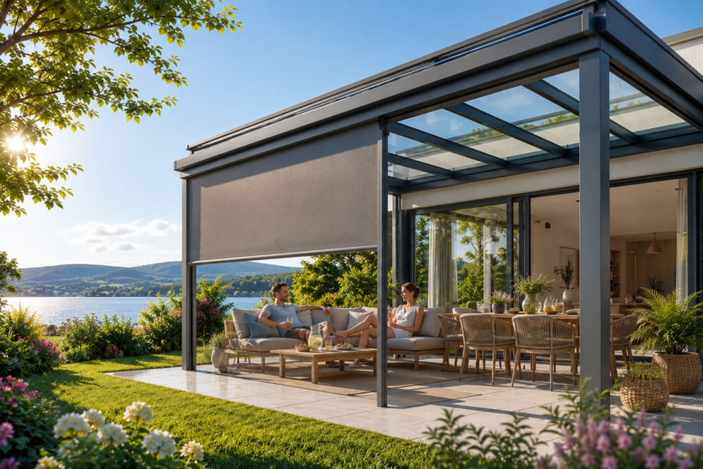 Modernes Aluminium Terrassendach mit Markise und Sitzbereich