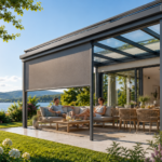 Modernes Aluminium Terrassendach mit Markise und Sitzbereich