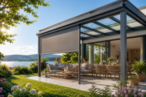 Modernes Aluminium Terrassendach mit Markise und Sitzbereich